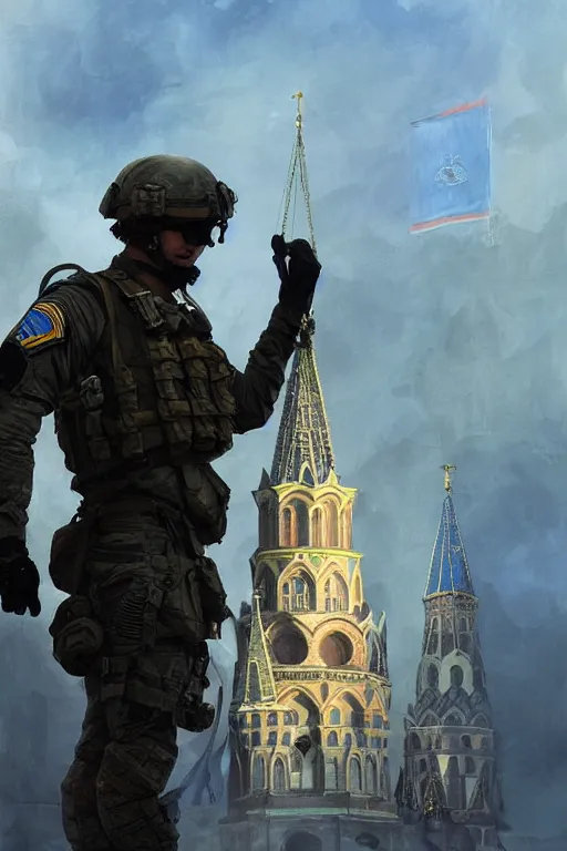 Image similar to special forces soldier raising ukrainian blue and yellow flag, kremlin st. basil cathedral in the background, masculine figure, d & d, fantasy, bright atmosphere, volumetric lights, intricate, elegant, extremely detailed, digital painting, artstation, concept art, matte, smooth, sharp focus, hyper realistic, illustration, art by artgerm and greg rutkowski and alphonse mucha