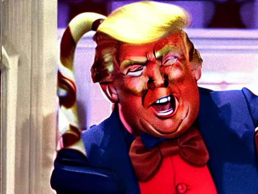 Image similar to donald trump as an oompa loompa, still from film willy wonka and the chocolate factory 1 9 7 1