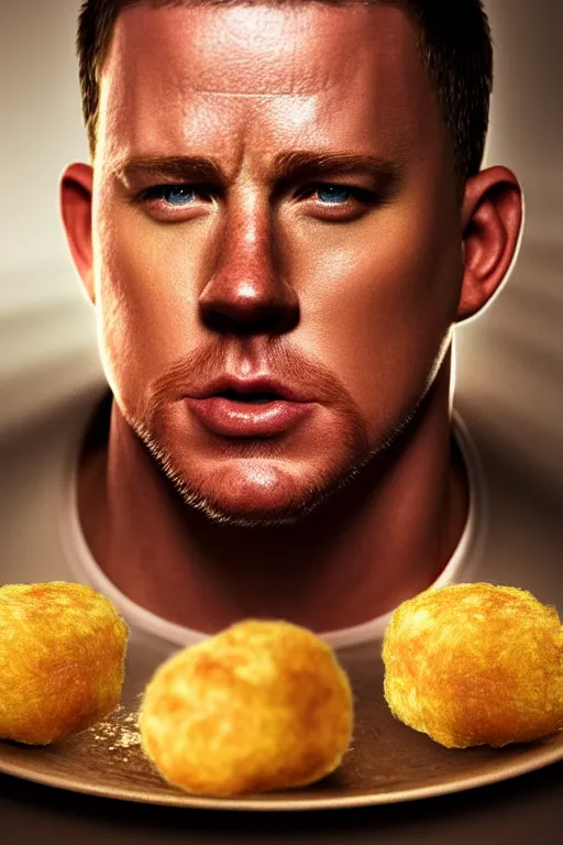 Image similar to a head shot of channing tatum as half human and a tater tot on a plate, tater tot face, ef 8 5 mm f 1. 8 usm, bionic scifi alexandre ferra, hyper detailed, digital art, trending in artstation, cinematic lighting, studio quality, smooth render, unreal engine 5 rendered, octane rendered