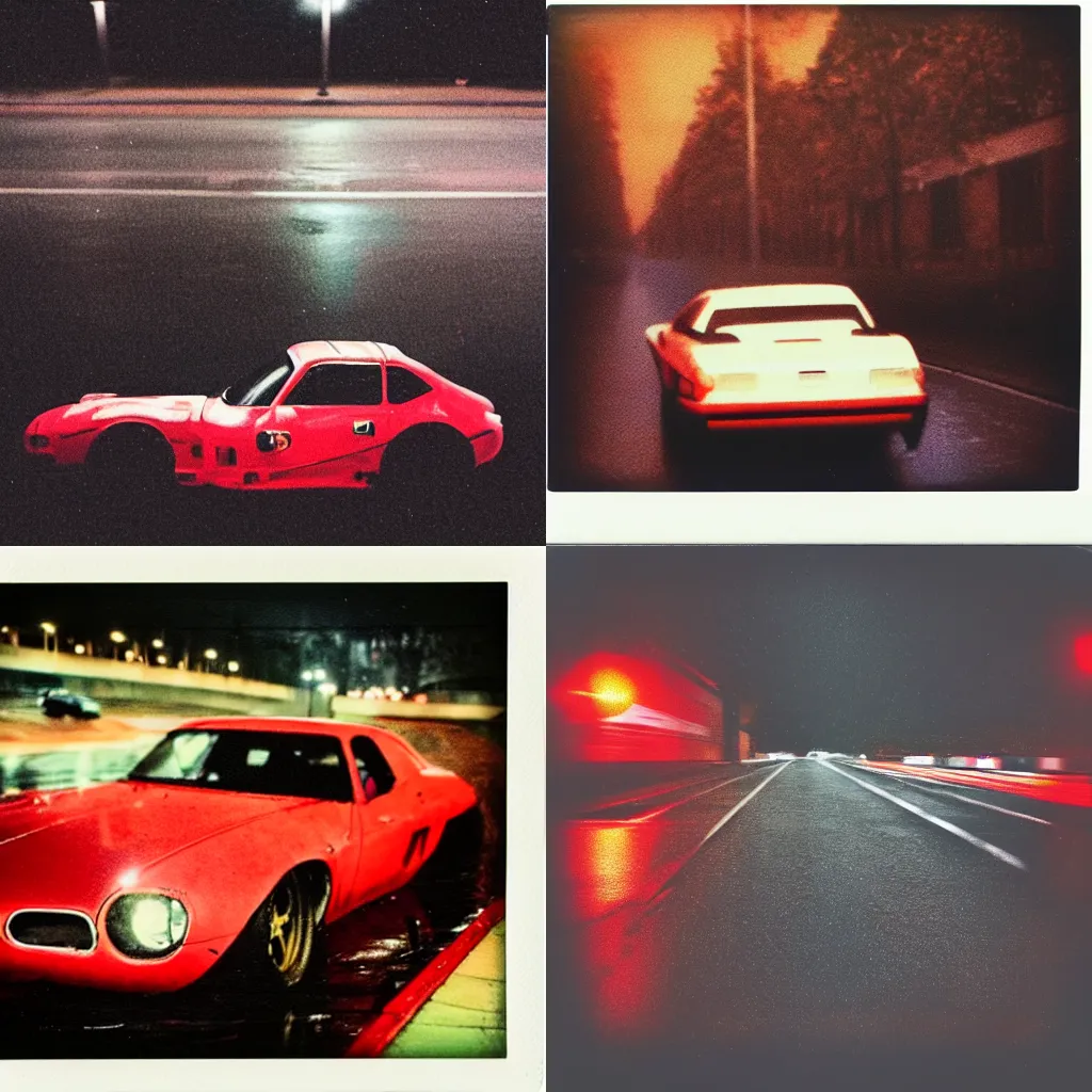 Prompt: Polaroid shot of red race car under street light, rainy day, night time