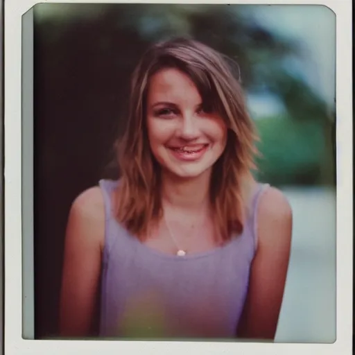 Prompt: polaroid photograph of a sweet adult girl, smiling and looking thoughtfully away from the camera