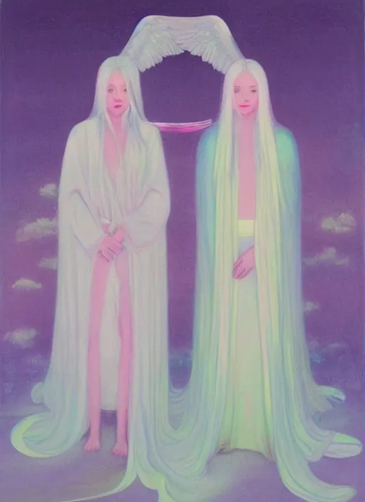 Prompt: beautiful angelic goddes, pale thin and wan, long silver hair and robes of pure silk, attractive pale korean face, vibrant neon pastel, painting by ren hang and yuyuko takemiya and gen urobuchi