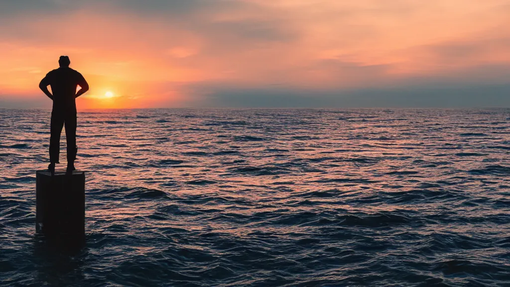 Image similar to a dramatic movie still of a man standing on the roof of a car driving through the ocean at sunset, golden hour