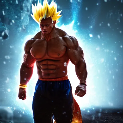 Image similar to photorealistic full shot of Dwayne Johnson as a warrior style goku super saiyan at moonlight, apocalyptic background, snowing, lightning bolt, high detail, unreal engine 4k volumetric light, fog,