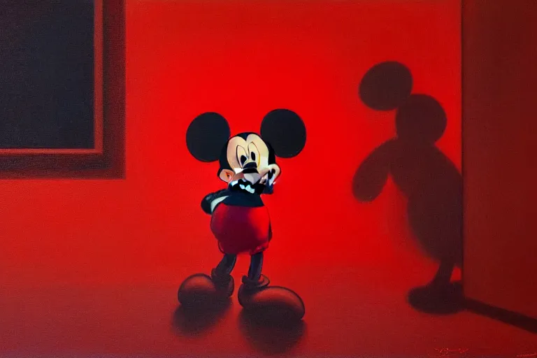 Image similar to only with red, red mickey mouse donald duck and goofy steal art paintings, in a museum contemporary art, in the style of beksinski, parts by edward hopper, parts by rodcenko, parts by yue minjun, intricate and epic composition, red by caravaggio, insanely quality, highly detailed, masterpiece, red light, artstation, 4 k