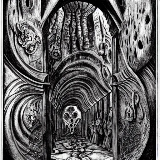 Image similar to the entrance of tartarus, ornate, ominous, weapons, mossy, lava, underworld, low angle, warped drive through the gates of hell, reality of non - euclidean eldritch geometric biomechanical taxonomic forms by rodin, hr giger, ernst haeckel, mc escher and junji ito.