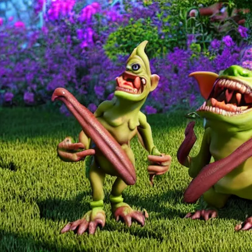 Image similar to disgusting brown Boglins, plastic goblin monster toys in a backyard garden, by PIXAR, octane render