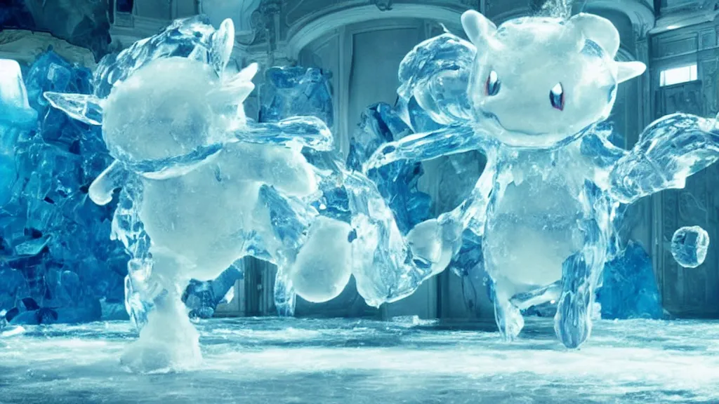 Image similar to a giant pokemon made of water and ice moves through the living room, film still from the movie directed by Denis Villeneuve with art direction by Salvador Dalí, wide lens