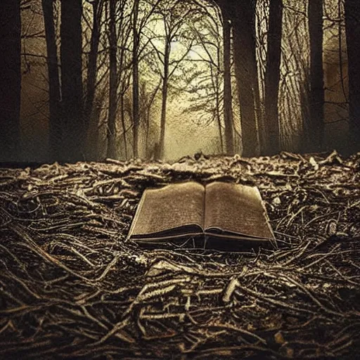 Prompt: book on the ground of the woods, horror, scary, dramatic lighting, shadows, monster