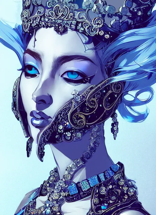 Prompt: half body portrait of a beautiful queen in an elaborate full - face mask and ornate pale blue dress, gray hair. in style of yoji shinkawa and hyung - tae kim, trending on artstation, dark fantasy, great composition, concept art, highly detailed, dynamic pose, vibrant colours.