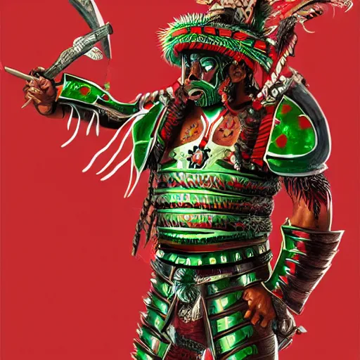 Prompt: mexican indigenous warrior in a ornated armor preparing for war, full body, dynamic pose, red and white and green neon, concept art, intricate details, highly professionally detailed, cgsociety, highly detailed -