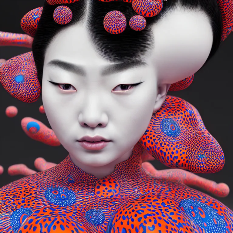 Image similar to hyperrealistic detailed image of a geisha in a art installation room, hd smooth interior by yayoi kusama, part by kei mieno, part by ross tran, dark art by james jean, ultra realistic, highly detailed, life like face, detailed body, 8 k, 3 d render by roger magrini, very cohesive, masterpiece