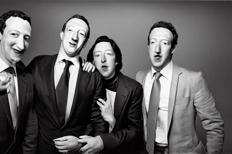 Prompt: a highly realistic national portrait winner, hasselblad medium format portrait of zuckerberg, musk and bezos, crying. by bruce gilden