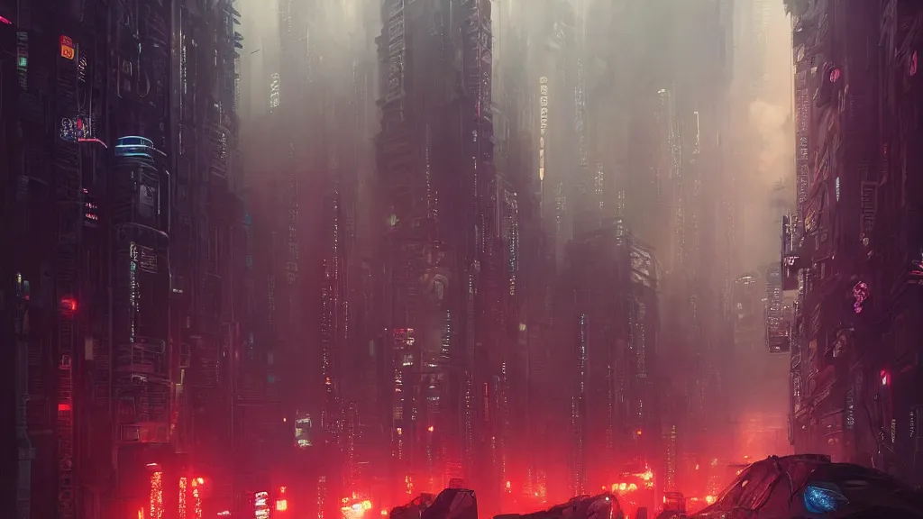 Prompt: streets of a cyberpunk city, blade runner, ghost in the shell, akira, sunset, gorgeous view, depth, rays of light, gorgeous view, robots, painted by seb mckinnon, high detail, digital art, painted by greg rutkowski, trending on artstation