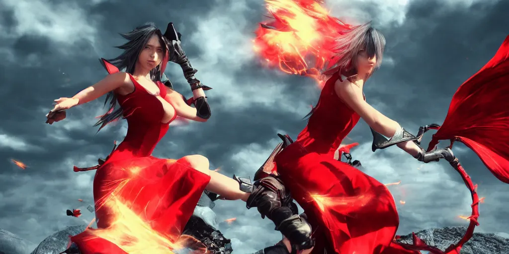Image similar to epic scene of ( most gorgeous final fantasy 7 character hyper detail in amazing red dress, ) ( fighting ) ( catwoman in a black tank top ), hyper realistic 3 d render, art station, particles, epic scene, mucha, clouds, jump pose, blur focus, action,
