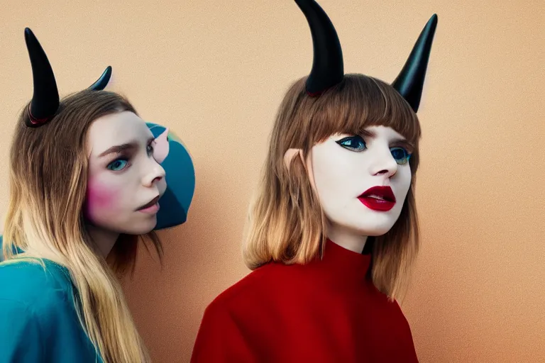 Image similar to pretty demon girl with horns photograph in the style of clemens ascher, colorful, realistic, 8 k