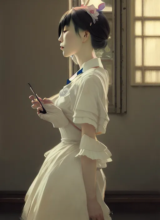 Prompt: symmetry!! portrait of a pretty japanese girl with blonde hair dressed as a french maid, elegant, highly detailed, digital painting, 8 k, concept art, smooth, sharp focus, illustration, ethereal, misty, octane render, by ruan jia and jeremy mann and alphonse mucha