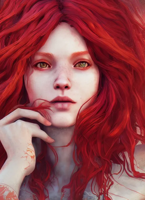 Prompt: portrait of ariel, red hair, sea, hyper detailed, digital art, cinematic lighting, studio quality, smooth render, unreal engine 5, octane rendered, art style by klimt and nixeu and ian sprigger and wlop and krenz cushart.