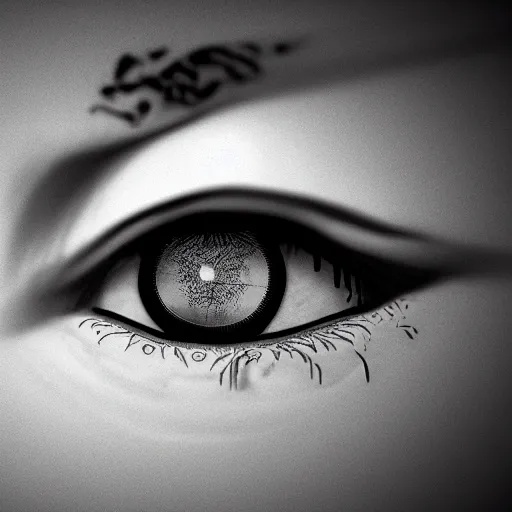 Image similar to heart's eye ( wake up ), in the style of hiroya oku and riyoko ikeda and stanley kubrick, black and white, photorealistic, epic, super technical, 3 d render