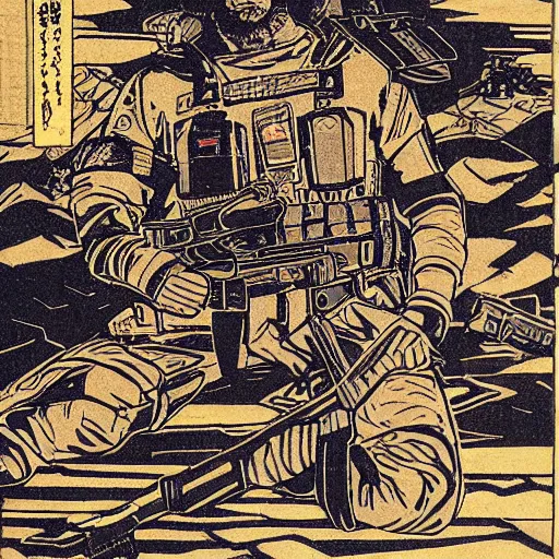 Image similar to the videogame arma 3 depicted as a japanese woodblock print