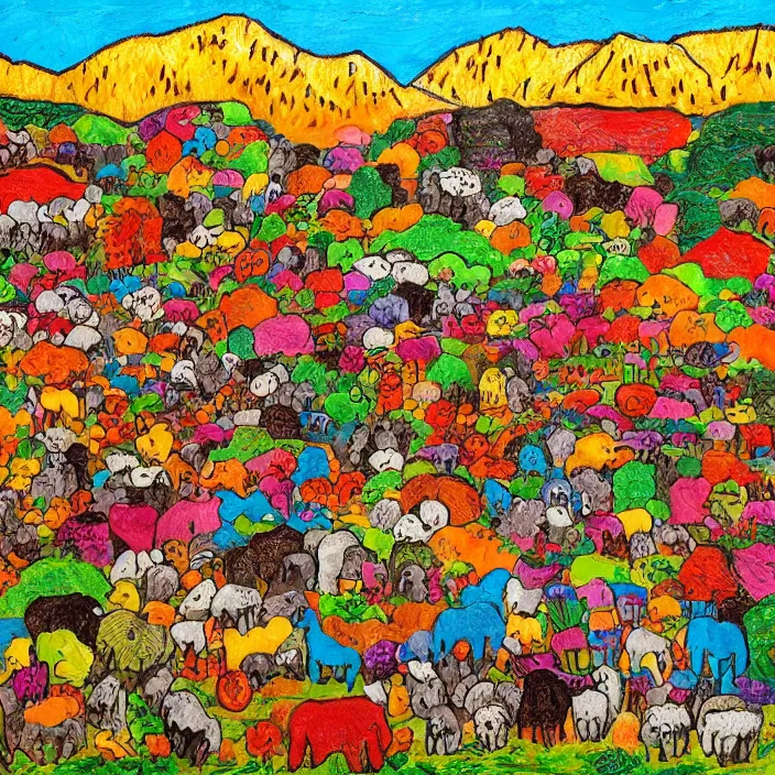 Prompt: a herd of sheep hopping over mountains of gigantic fruit, naivistic art, childrens drawing, outsider art, expressive, colorful