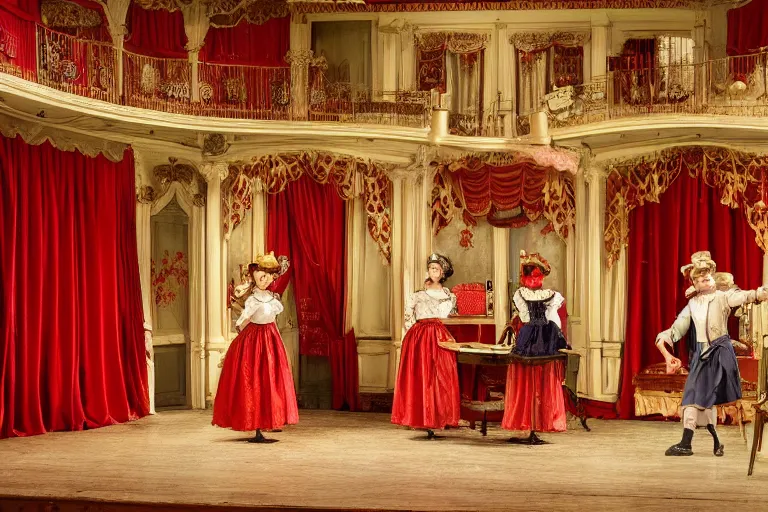 Prompt: photo of a big theaterstage, stage is decorated as victorian dollhouse with kitchen and living room, theater curtains are red, 3 actors in victorian costumes standing on stage singing, 8 k, multicolored, exaggerated detailed, long shot