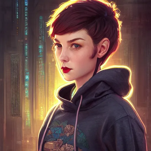 Prompt: character portrait of a 1950s girl in a hoodie, pixie cut, dystopian cyberpunk steampunk soviet mood, intricate, wild, highly detailed, digital painting, artstation, upper body, concept art, smooth, sharp focus, illustration, art by artgerm and greg rutkowski and alphonse mucha