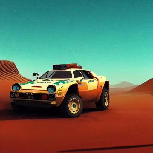 Image similar to Lancia Stratos Rally car Jumping over dunes in a desert, landscape, center composition, cinematic, rendered by simon stålenhag, rendered by Beeple, Makoto Shinkai, syd meade, environment concept, digital art, unreal engine, WLOP, trending on artstation, 4K UHD image, octane render,