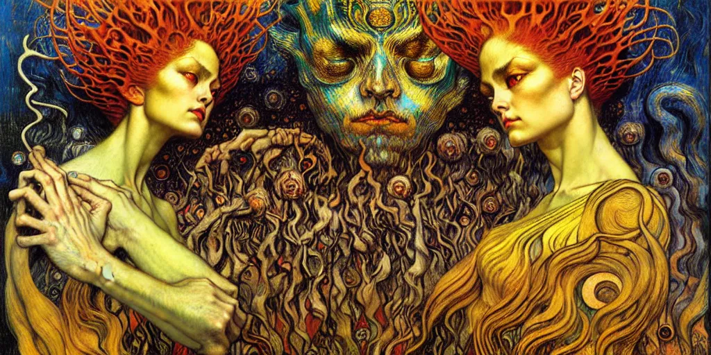 Image similar to Divine Chaos Engine by Karol Bak, Jean Delville, William Blake, Gustav Klimt, and Vincent Van Gogh, symbolist, visionary