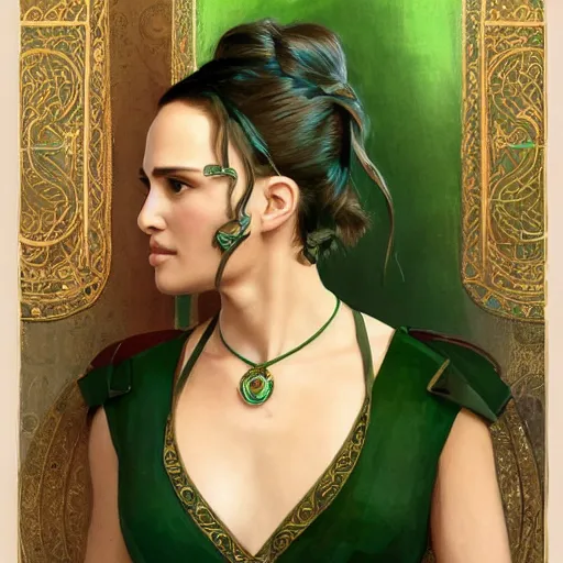 Image similar to Natalie Portman as a Bard, looking at camera, D&D, choker on neck, stylish green dress, intricate, elegant, stylish, serious expression, extremely detailed, digital painting, artstation, concept art, smooth, sharp focus, illustration, stunning lighting, art by artgerm and greg rutkowski and alphonse mucha and simon stalenhag