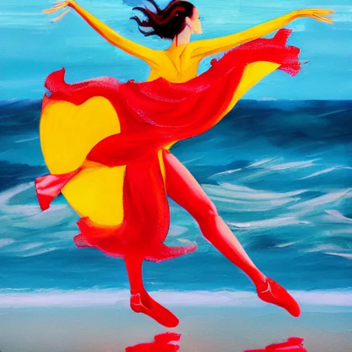 Image similar to beautiful modern dancer wearing a red and yellow swirling dress, dancing in a sea of wild ocean waves, trending on Artstation, cinematic