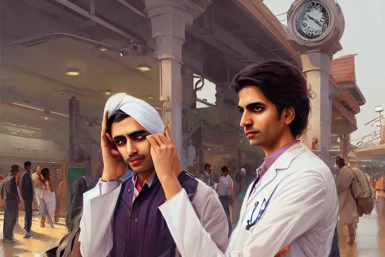 Image similar to Anxious good looking pale young Indian doctors wearing American clothes at the airport, portrait, elegant, intricate, digital painting, artstation, concept art, smooth, sharp focus, illustration, art by artgerm and greg rutkowski and alphonse mucha