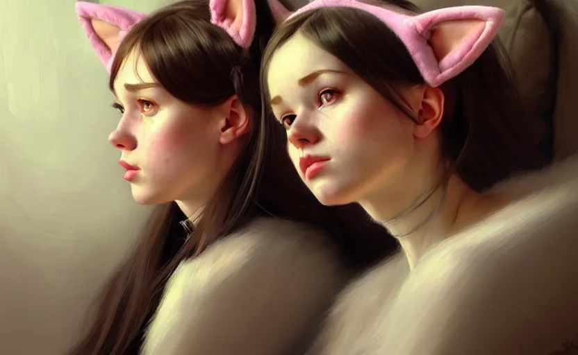 Prompt: portrait of several girls with cat ears, sitting on a couch, highkey, realistic, serov, surikov, vasnetsov, repin, kramskoi, ultra realistic, uplight, insanely detailed and intricate, charlie bowater, tom bagshaw, norman rockwell, octane rendered, unreal engine, illustration, trending on artstation, 8 k