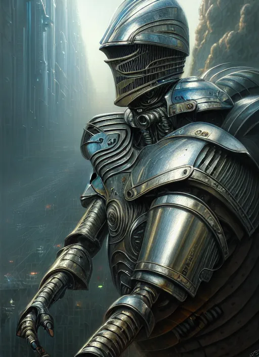 Image similar to closeup portrait shot of a cyber knight in a scenic dystopian environment, intricate, elegant, highly detailed, centered, digital painting, artstation, concept art, smooth, sharp focus, illustration, artgerm, tomasz alen kopera, peter mohrbacher, donato giancola, joseph christian leyendecker, wlop, boris vallejo