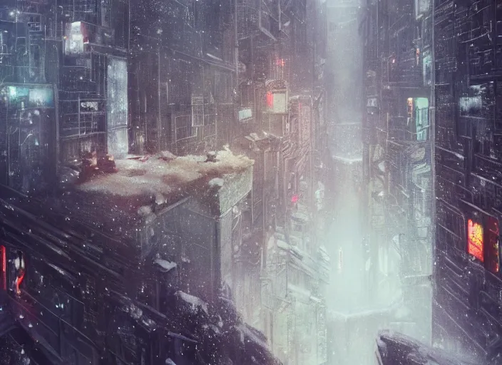 Image similar to man sitting on top of building ledge snowing snowy film photo night time serene city scape (((Wadim Kashin Wenjun Lin Bladerunner2049))) ((somber melancholic))