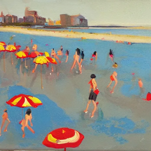 Image similar to a painting of people on a beach with umbrellas, birdseye view, a painting by Sally West, featured on tumblr, action painting, oil on canvas, painterly