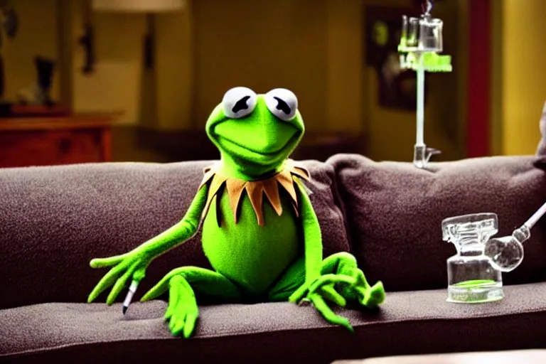 Image similar to candid photo of kermit the frog sitting on the couch hitting a bong, kermit the frog in ted ( 2 0 1 2 ) bong scene, kermit the frog using a bong, kermit smoking weed, bong rip, high resolution photo, trending on artstation, interior design,