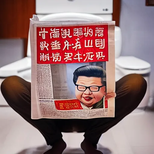 Image similar to Li Xin Jinping sitting on the toilet reading news paper, realistic detailed photography