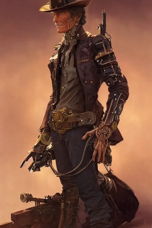 Image similar to teenager clint eastwood as a steampunk cyborg gunslinger, portrait, western, duster, fantasy, intricate, elegant, highly detailed, digital painting, artstation, concept art, sharp focus, illustration, art by artgerm and greg rutkowski and alphonse mucha