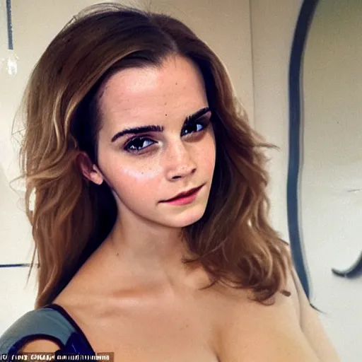 Image similar to a woman who is a genetic combination of emma watson and kim kardashian, face and upper - body focus