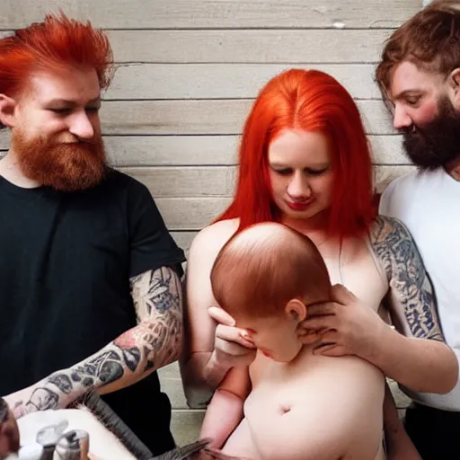 Image similar to photo of a slender attractive couple. The woman has long straight red orange hair. The man has a dark thick neatly groomed beard and tattoos. The man is giving the woman a haircut while she feeds a baby.