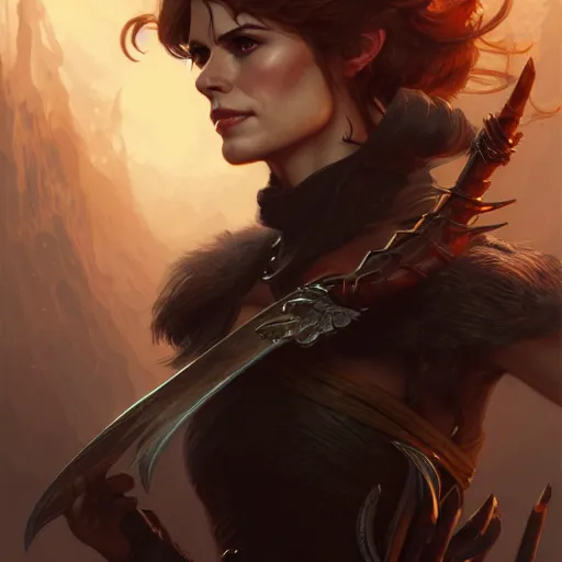 Image similar to Katja Herbers as a fantasy rogue, closeup character portrait, D&D, fantasy, intricate, elegant, highly detailed, digital painting, artstation, concept art, matte, sharp focus, illustration, art by Artgerm and Greg Rutkowski and Alphonse Mucha