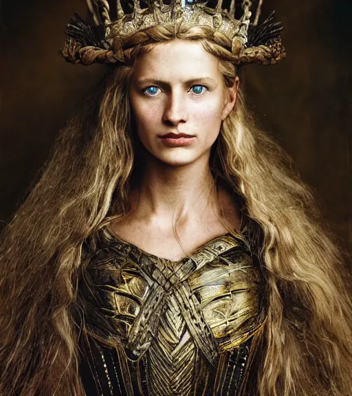 Image similar to portrait_photo_of_a_stunningly beautiful norse maiden queen, 19th century, hyper detailed by Annie Leibovitz, Steve McCurry, David Lazar, Jimmy Nelsson, professional photography