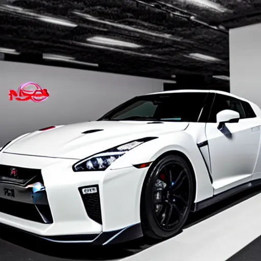 Image similar to 105mm photograph f1.8 full view white Nissan GT-R showroom beautiful lighting from 2022