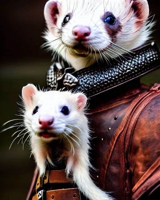 Image similar to ferret love warrior, furry, fantasy, viking, high detailed, hearts, photography, cloudy, lightweight leather armour, scandinavia, plain, detailed face, look into the distance, serious face, full body, in full growth, professional photographer, masterpiece, 5 0 mm, extremely detailed, digital art 8 k