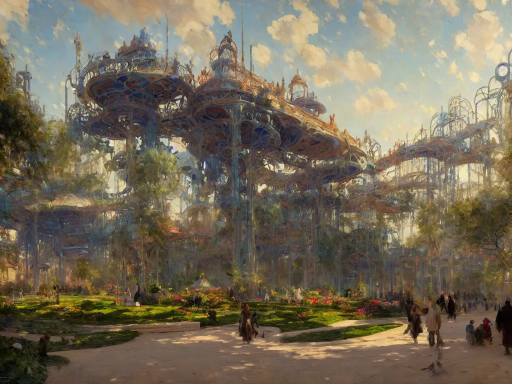 Image similar to impressionist brushstrokes!!!! solomon joseph solomon and richard schmid and jeremy lipking victorian loose genre loose painting of a busy elaborate ornate outdoor sci - fi park, cinematic, shadows, partly cloudy day, 4 k, detailed, by zaha hadid and beeple