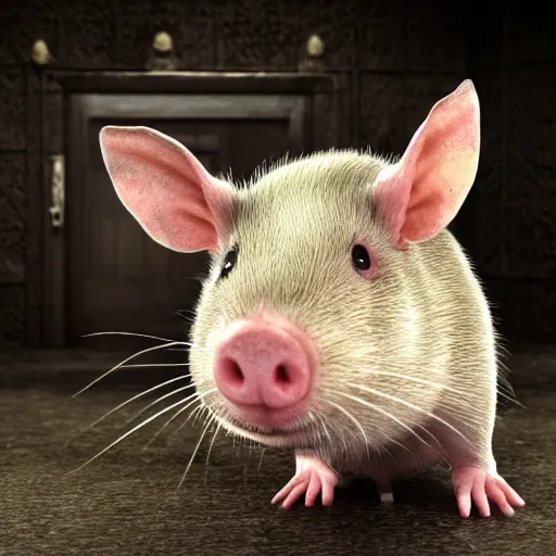 Image similar to a highly detailed realistic photographic render of a rat pig hybrid, creepy, horror, horror scene, cinematic horror, creepy horror, scary scene, cinematic lighting, cinematic scene, Volumetric lighting, Atmospheric scene, Dark, Horror, Atmospheric lighting, Global illumination, realistic, photo realism, hyper realistic, hyper realism, photo realisitc, cinematic render, film, beautifully lit, ray traced, octane 3D render, octane render, unreal engine