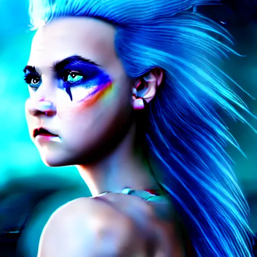 Image similar to The dragon girl portrait, portrait of young girl half dragon half human, dragon girl, dragon skin, dragon eyes, dragon crown, blue hair, long hair, highly detailed, cinematic lighting, Matte painting by David Lynch