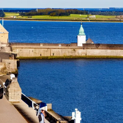 Image similar to a blue white black ferry at the sea outside kronborg castle