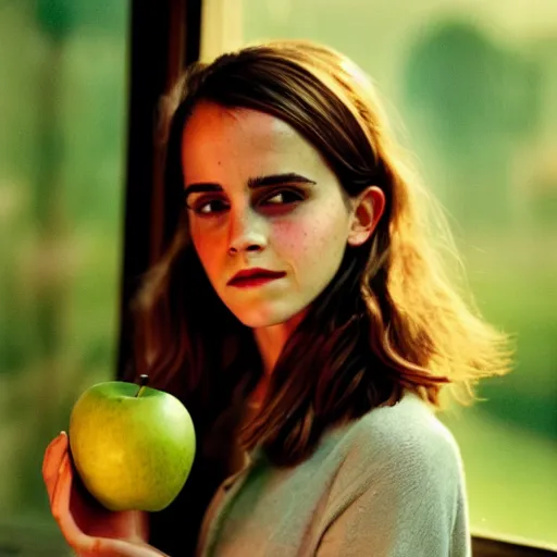 Prompt: Photograph of Emma Watson holding a green apple by the window. Golden hour, dramatic lighting. Medium shot. CineStill